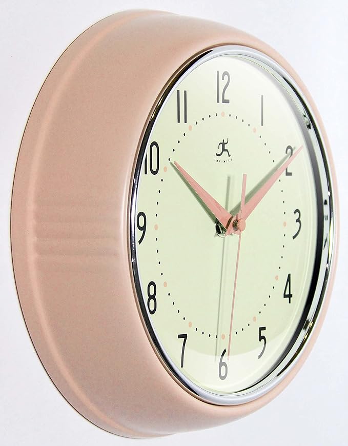Infinity Instruments LTD. Retro 9 inch Silent Sweep Non-Ticking Mid Century Modern Kitchen Diner Wall Clock Quartz Movement Retro Wall Clock Decorative (Rose Blush)…