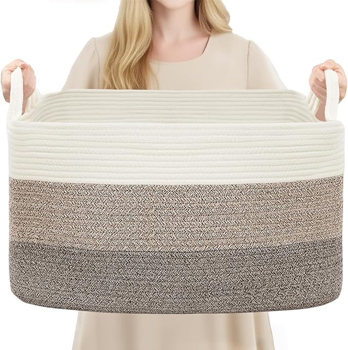 Large Laundry Hamper Blanket Basket，21.6''×14.9''×19.6'' Cotton Rope Woven Laundry Basket for Organizing, Rectangle Toy Basket for Living Room, Bedroom