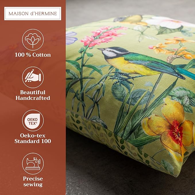 Maison d' Hermine Decorative Pillow Covers 18 x 18 Inch Square 100% Cotton Throw Pillow Covers with Invisible Zipper for Living Room Couch, Chair, Sofas, Bedroom, Home (Hesperides - Oiseaux)
