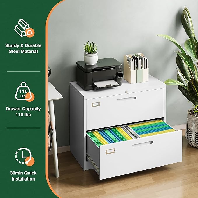 Letaya 2 Drawer Metal Filing Organization Office Cabinets with Lock,Lateral File Cabinets for Home Office Hanging Files Letter/Legal/F4/A4 Size (2 Drawer-White)