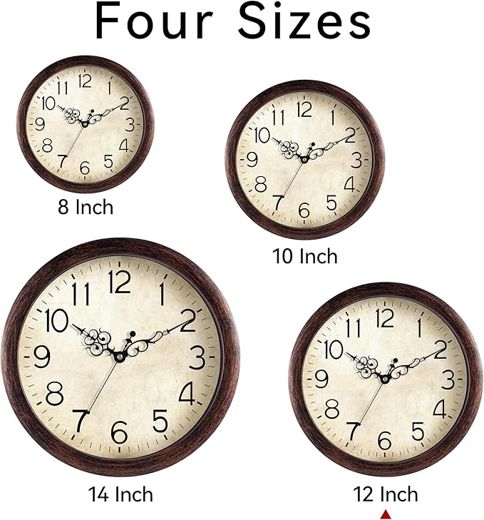 Wall Clock 12 Inch Vintage Wall Clocks Battery Operated Quartz Silent Non-Ticking Retro Rustic Style Clock Decorative for Living Room, Home Office, Kitchen,Bedroom (Bronze)