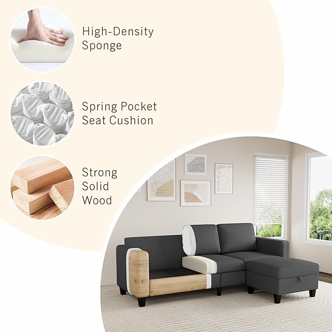 Sectional Sofa Couches for Living Room - 78'' Dark Gray 3 Seat L-Shaped Couch with Storage Ottoman, Modern Linen Convertible Sectionals Sofas with Chaise for Apartment, Office, Small Space