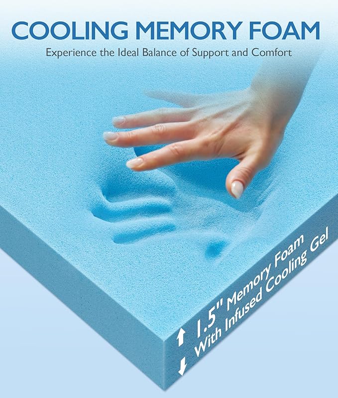SINWEEK 1.5 Inch Twin XL Cooling Memory Foam Mattress Topper for Pressure Relief, Thick Bed Mattress Pad with Cooling Soft Cover and Adjustable Straps, CertiPUR-US Certified