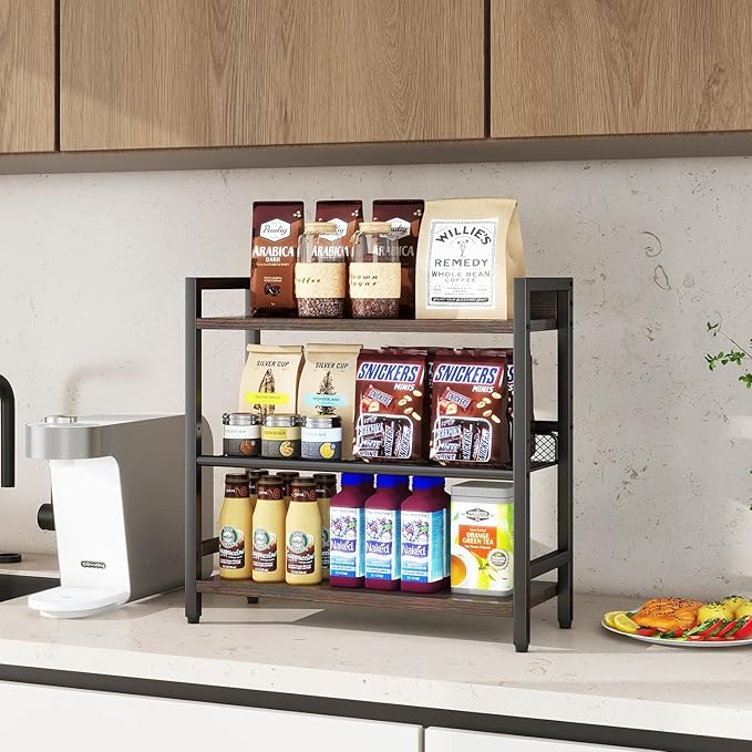 IBUYKE 3-Tier Spice Rack Industrial Counter Shelf Desktop Storage Organizer Standing Seasoning Rack for Countertop Kitchen Office Living Room Desktop Dark Grey UTLJ021G
