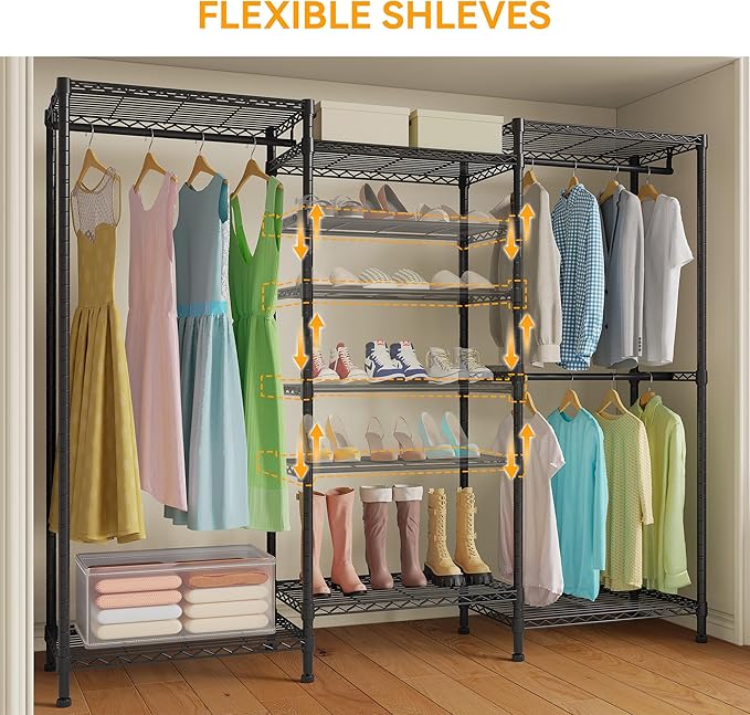 H12 Heavy Duty Clothes Rack with Adjustable 5-Tier Shoe Rack, Freestanding Clothing Racks for Hanging Clothes, Metal Shoe Organizer Large Closet Racks, 15.7" D x 68.7" W x 76.4" H, Black
