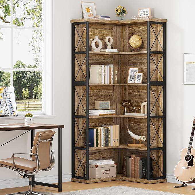 5-Tier L Shaped Bookshelf, Vintage Industrial Corner Bookcase, Large Tall Storage Shelves Display Rack with Metal Frame for Living Room, Home Office, Bedroom, Light Brown