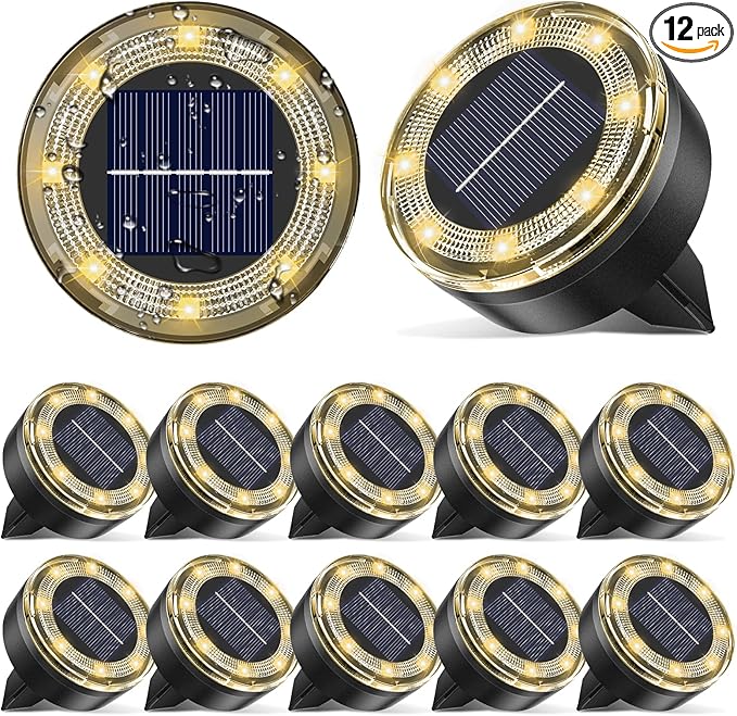 Mini Solar Ground Lights, 12 Pack Solar Lights Outdoor Waterproof, Upgraded LED Flat Landscape Lighting for Outside Pathway Garden Patio Yard Driveway,Warm White