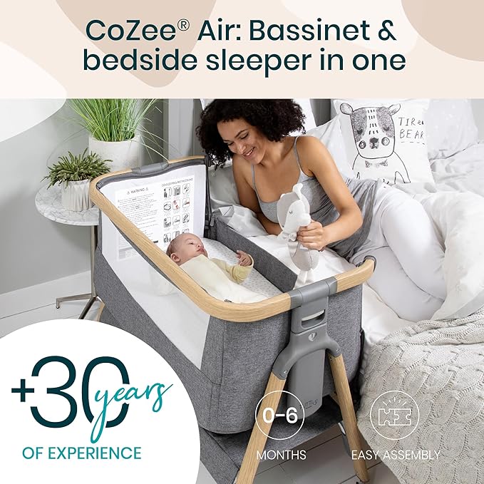 CoZee® Air Baby Bassinet & Bedside Sleeper - Rocking Bassinet for Baby, Fast-Folding with Travel Bag, Deluxe Airflow Mattress & 6 Mattress Heights, 0-6 Months (Oak & Charcoal)