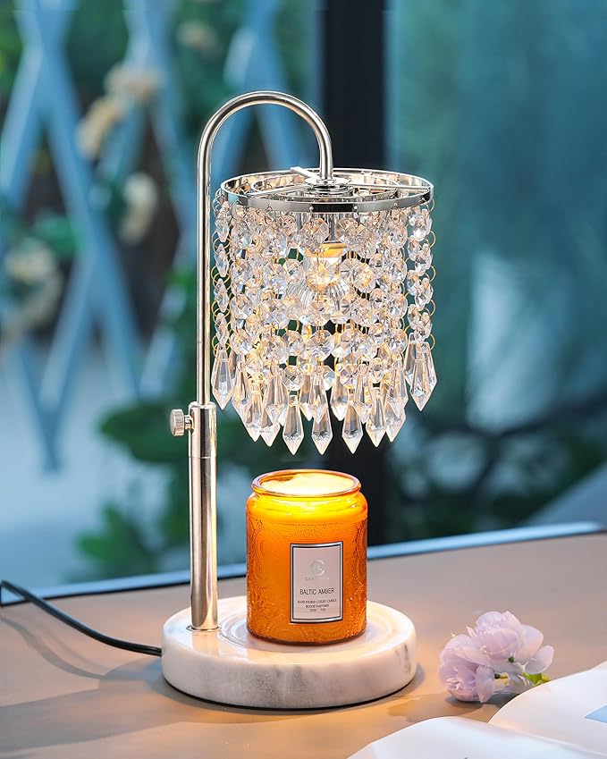 Candle Warmer Lamp with Timer Dimmer and 3 Bulbs, Candle Lamp Warmer with Marble Base for Adjustable Height, Crystal Candle Lamp for Jar Candles, House Warming Gifts Home Room Decor, Silver