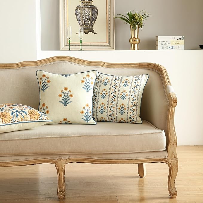 Design Square Simple Elegant Linen Throw Pillow Covers 18"x18" Pack of 2, Blue Yellow Floral Pattern Cushion Covers Decor Pillowcases for Bed,Living Room,Outdoor,Car