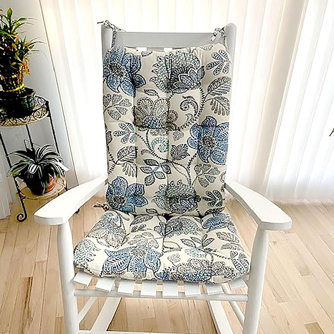 Barnett Home Decor Porch Rocker Cushions Set, Foam Filled Latex Chair Cushion & Backrest Pad Set, Made in USA, Small Size 23 x 19 Inches Outdoor Rocker Cushion, Blue Floral, Blue/White