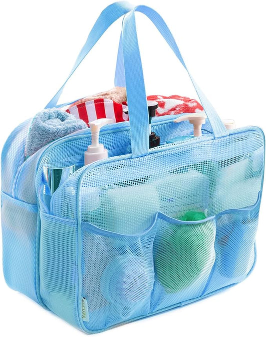 Large Mesh Shower Caddy with Wet & Dry Zones – Portable Hanging Toiletry Bag for College Dorm Room Essentials, Travel, Gym, Camping, Beach Tote Bag – Quick-Dry Shower Tote Organizer