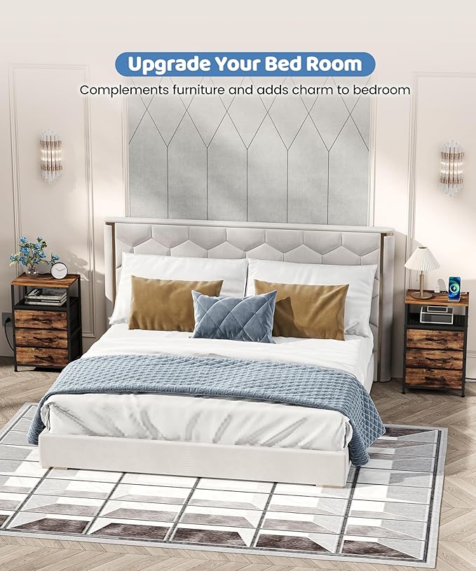 End Table with Charging Station, 11" D x 15" W Night Stand with LED Light, Nightstand with Fabric Drawers, Bedside Table with Open Shelf, Side Table for Bedroom, Living Room, Rustic Brown