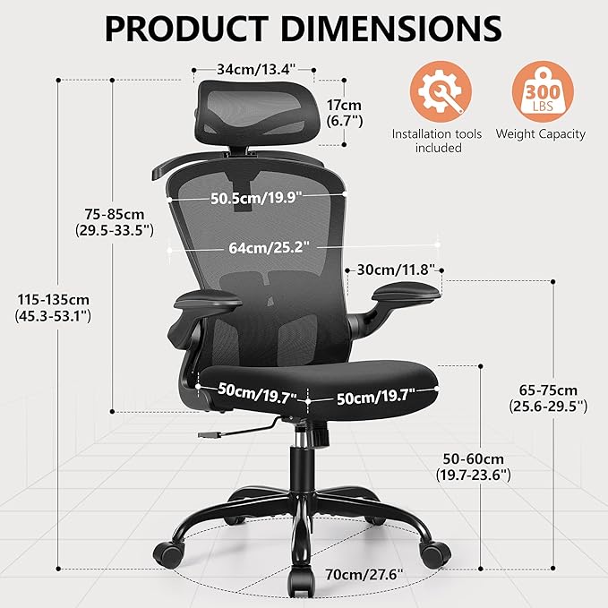 FelixKing Office Chair with Headrest, Ergonomic Desk Chair with Wheels, Task Swivel Comfy Chair with Adjustable Lumbar Support, Breathable Mesh Computer Chair with flip-up Armrests for Home (Black)