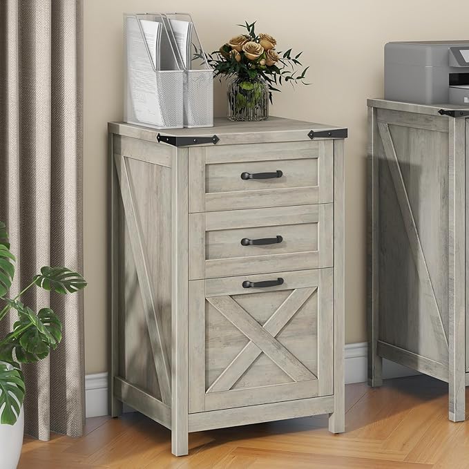 Vertical File Cabinet with 3 Drawers, Wooden Farmhouse Filing Cabinet for Letter/A4 Size Hanging Files, Under Desk Printer Stand with Storage for Home Office, Rustic Grey