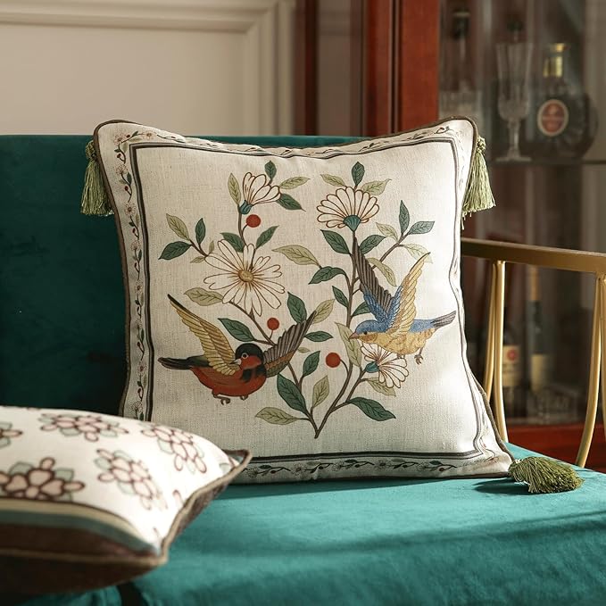 Design Square Bird Floral Linen Throw Pillow Covers 18"x18" Pack of 2, White Simple Elegant Daisy Pattern Cushion Covers Decor Pillowcases for Bed,Living Room,Outdoor,Car