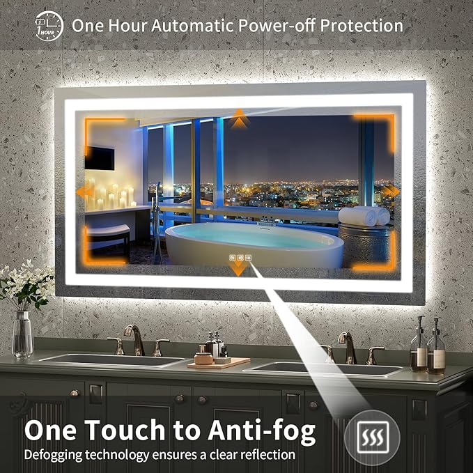 LED Mirror for Bathroom, 55x30 Inch Backlit + Front Lighted Bathroom Vanity Mirror with Lights, Double Light Strips, 3 Colors, Shatter-Proof, Anti-Fog and Brightness Memory