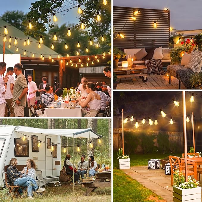 200FT(2x100FT) Outdoor String Lights, LED Patio Lights with 83 Waterproof Shatterproof A39 Dimmable Bulbs(3 Spare) for Balcony-2 Pack Black