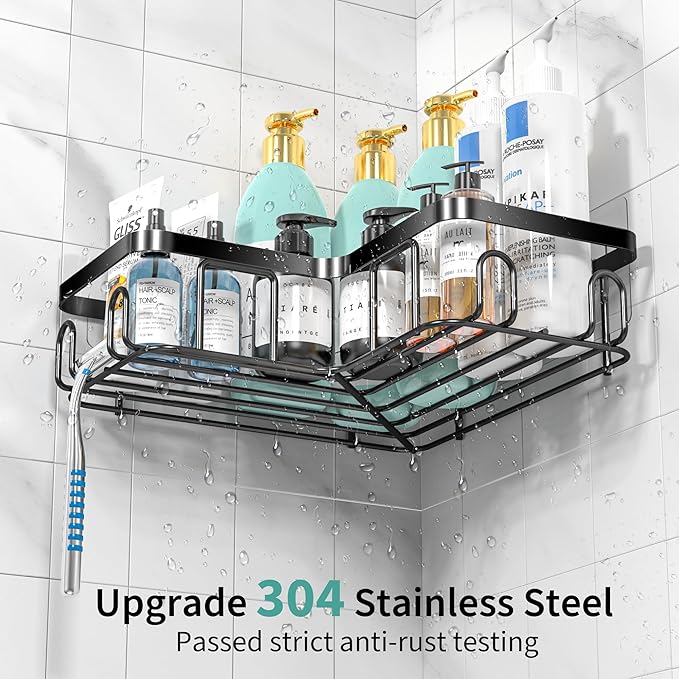 Moforoco 5-Pack Shower Caddy, L-Shaped, 10.2in Diameter, 90-Degree Right Angle, Rustproof, Easy Installation, 12 Hooks, Soap Holder, Adhesive Corner Shower Organizer, Black