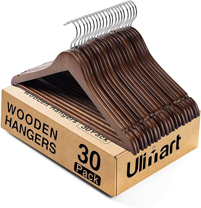 Wooden Hangers 30 Pack,Clothes Hanger for Daily Used,Coat Hanger for Closet,Heavy Duty Wood Hangers for Suit, Shirts, Jackets, Dress, Pant (Walnut)