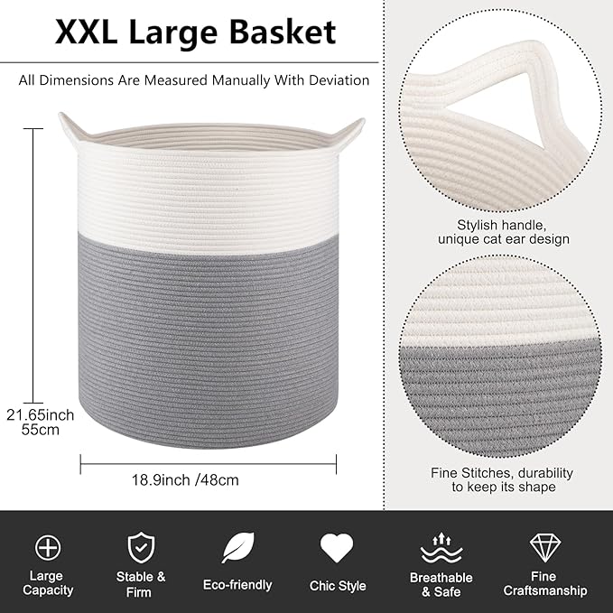 Laundry Basket, 100L Large Laundry Hamper, Tall Woven Rope Storage Basket for Blanket Toys Pillows Towels, Baby Nursery Hamper Bin for Living Room, Bedroom (Grey & White)