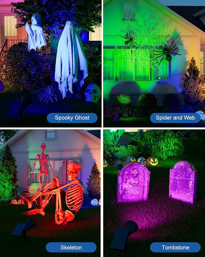 4 Pack Color Change Halloween Solar Spot Lights Outdoor Multicolor Waterproof Landscape Flood Lamp for Holiday Decorative, Skeletons, Spider Web, Bat, Statue, Ambient Lighting for Yard, Garden, Patio