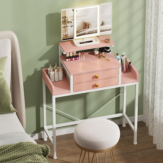 Vanity Desk with Mirror and Lights, 28.4''W Small Makeup Vanity Table with Height-Adjustable Stand, 2 Fabric Drawers Compact Makeup Desk, Gift for Girls, Bedroom Small Space, Pink