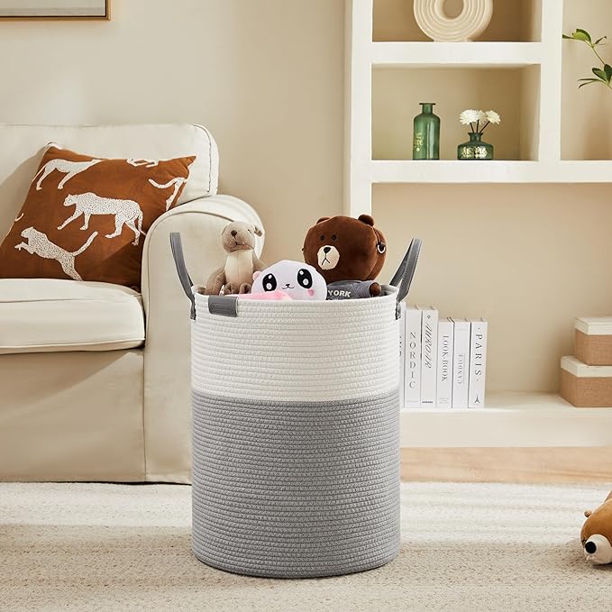 Cotton Rope Laundry Hamper by YOUDENOVA, 58L - Woven Collapsible Laundry Basket - Clothes Storage Basket for Blankets, Laundry Room Organizing, Bedroom Storage, Clothes Hamper – White & Grey