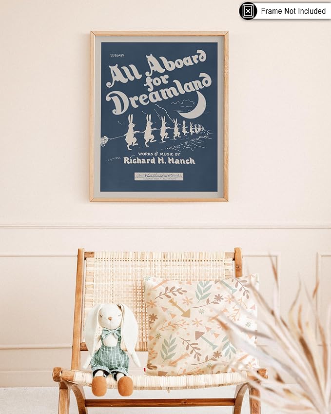 Poster Master All Aboard For Dreamland Poster - Retro Children's Lullaby Print - Story Book Art - Bunny Art - Rabbit Art - Aesthetic Art - Kid's Bedroom or Nursery Wall Decor, 18x24 Unframed Wall Art