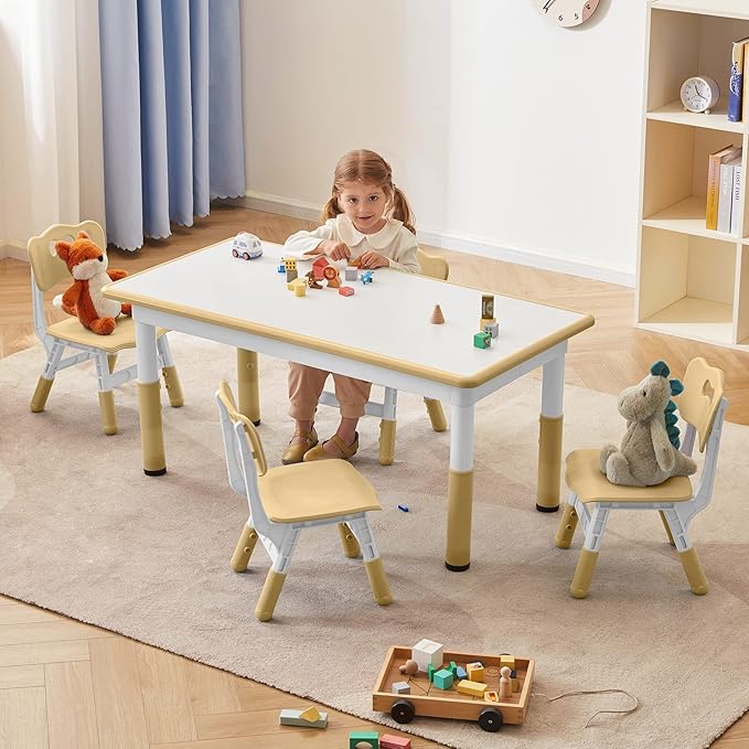 Toddler Table and Chairs Set for 4, 47.2''L x 23.6''W Kids Study Table and Chair Set, Height-Adjustable, Graffiti Desktop, Children Activity Table for Daycare, Classroom, Home