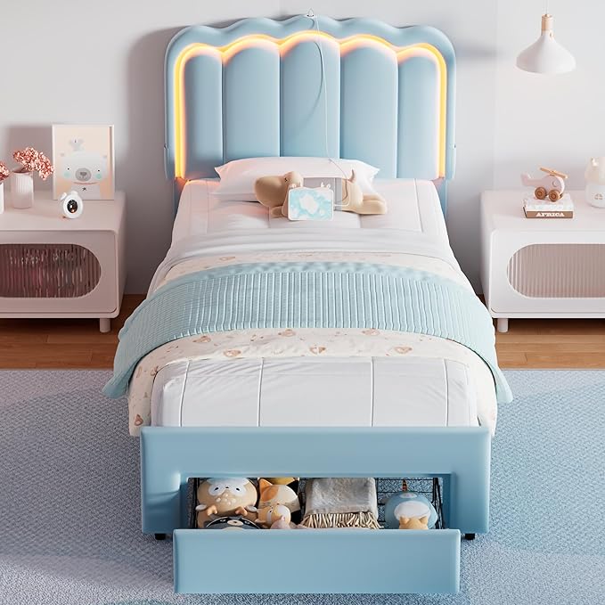 Twin Upholstered LED Bed Frame with Storage Drawer and Adjustable Chic Double Wavy Headboard, Velvet Princess Platform Bed for Kids/Girls, Solid Wood Slats Support, No Box Spring Needed, Blue