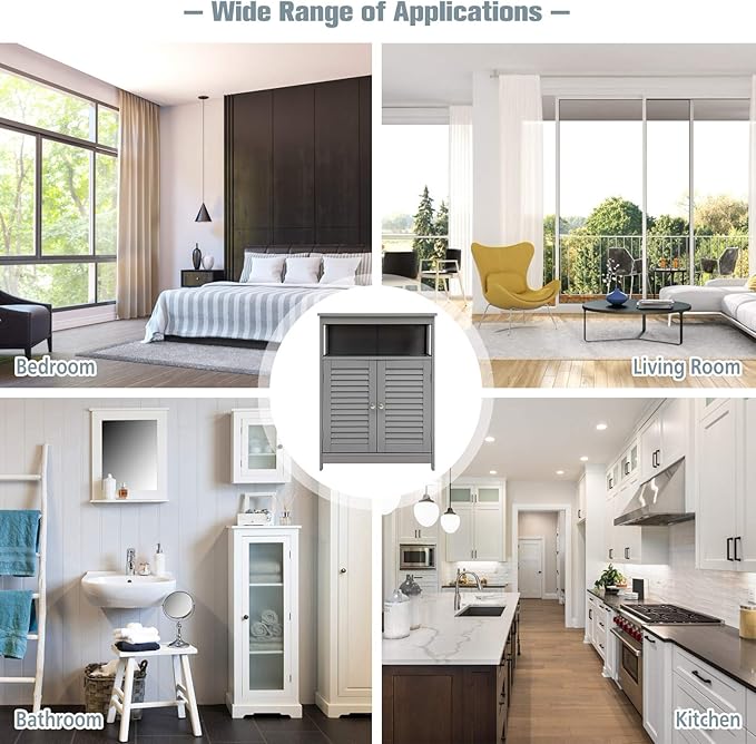 Tangkula Bathroom Floor Cabinet, Wooden Freestanding Storage Cabinet with Double Shutter Door & Adjustable Shelf, Storage Cabinet for Bathroom Living Room (Grey)