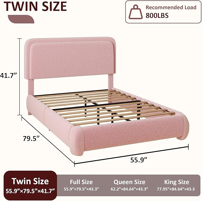 Twin Boucle Platform Bed Frame with Height Adjustable Headboard, Modern Upholstered Cloud Bed, Sleek Curved Design, No Box Spring Needed, Easy Assembly, Noise Free, Pink