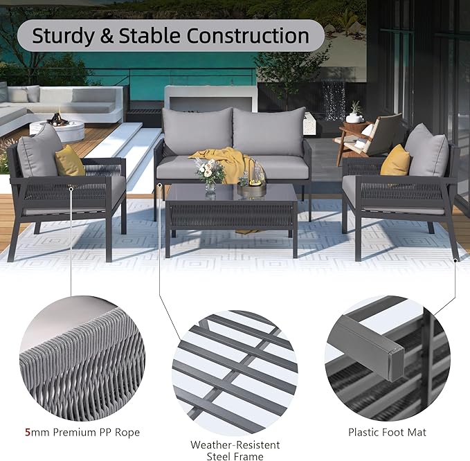 4-Piece Rope Outdoor Furniture Set, Patio Conversation Set with Tempered Glass Table, Rope-Woven Furniture Set with Deep Seat Design for Backyards, Gardens, Balconies, Grey