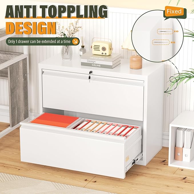Greenvelly Lateral File Cabinet 2 Drawer, Lockable Metal Filing Cabinet for Home Office, White Metal File Cabinet with Lock for Legal/Letter/A4/F4 Size with Hanging Bars&Key