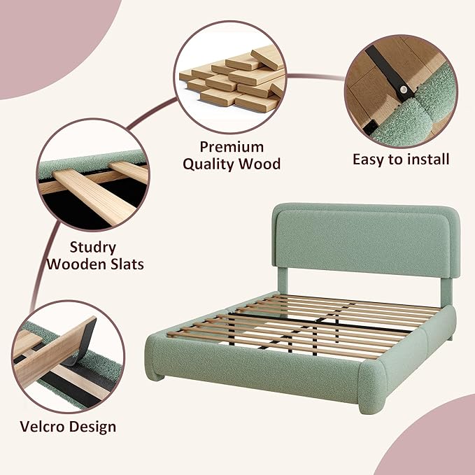 Queen Boucle Platform Bed Frame with Height Adjustable Headboard, Modern Upholstered Cloud Bed, Sleek Curved Design, No Box Spring Needed, Easy Assembly, Noise Free, Green