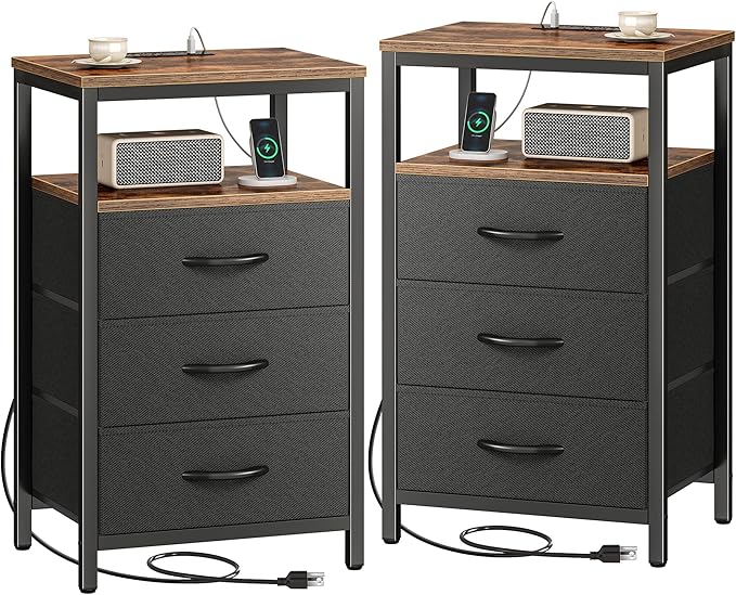 Huuger Nightstands Set of 2, 27.6 Inch End Tables with Charging Station, Fabric Drawers, Bedside Tables with USB-C Port and Outlet, Night Stands for Bedroom, Rustic Brown and Black