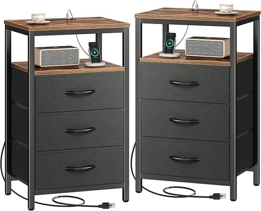 Huuger Nightstands Set of 2, 27.6 Inch End Tables with Charging Station, Fabric Drawers, Bedside Tables with USB-C Port and Outlet, Night Stands for Bedroom, Rustic Brown and Black
