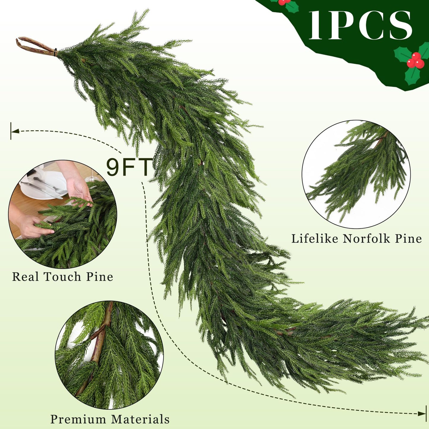 Real Touch Christmas Norfolk Pine Garland - 9ft Artificial Christmas Garland Fake Pine Needles Faux Green Garland for Fireplace,Table,Window,Stairs,Mante,Holiday Indoor Outdoor Xmas Decor(1PCS)