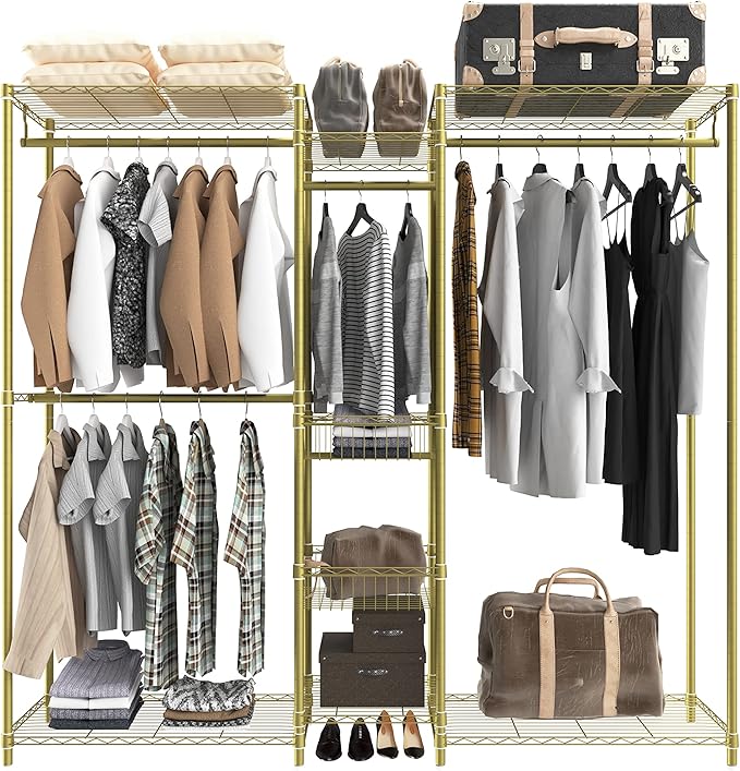 Xiofio 6 Tiers Heavy Duty Clothes Rack, Metal Clothing Rack,Clothing Storage Organizer,Garment Rack with Basket,Hanging Adjustable Garment Rack,65.0" L x 15.7" W x 76.0" H,Max Load 800LBS,Gold