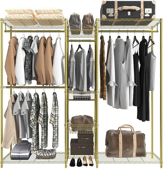 Xiofio 6 Tiers Heavy Duty Clothes Rack, Metal Clothing Rack,Clothing Storage Organizer,Garment Rack with Basket,Hanging Adjustable Garment Rack,65.0" L x 15.7" W x 76.0" H,Max Load 800LBS,Gold