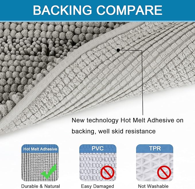 H.VERSAILTEX Bath Rugs for Bathroom Non Slip Bath Mats Extra Thick Chenille Striped Bath Rug Runners 47" x 17" Absorbent Fluffy Soft Shaggy Mats Dry Fast Plush Area Carpet for Bath Room - Dove