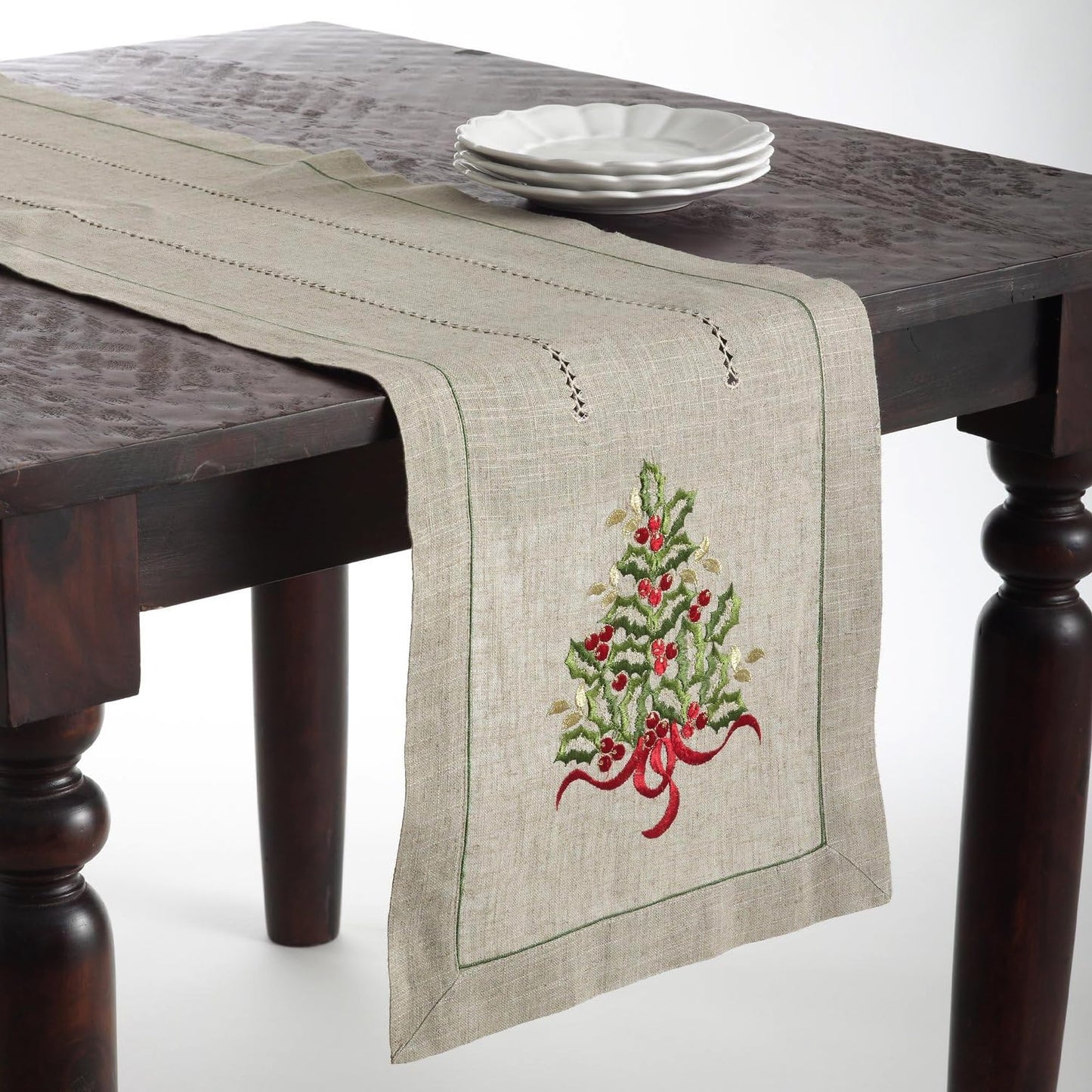 SARO LIFESTYLE 60041.N1654B Holly Collection Christmas Tree Embroidered Table Runner, 16" x 54", Natural