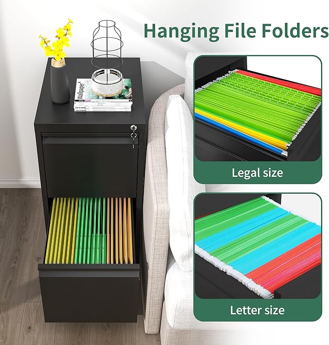 File Cabinet, Vertical File Cabinets with Lock for Home Office,Heavy Duty Office Steel Filing Cabinet for Hanging Letters/Legal/A4, Assembly Required (Black, 2 Drawers)