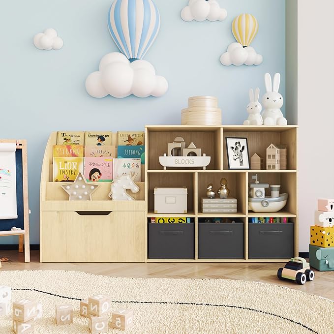 Kids Bookshelf and Toy Storage, Toy Storage Organizers with Movable Drawers & 3 Storage Bins, Kids Reading Nook Toy Organizers Shelf with 5 Cubbies, Natral Wood