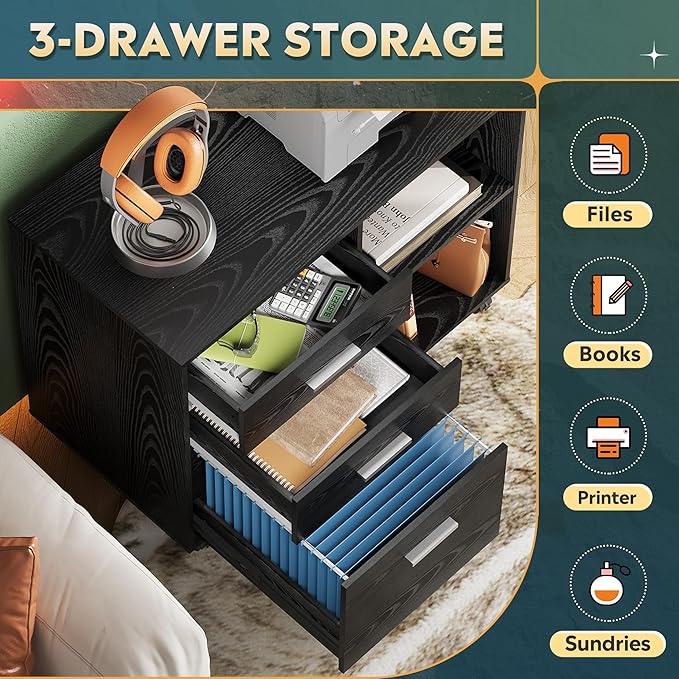 DEVAISE 3 Drawer Mobile File Cabinet, Wood Lateral Filing Cabinet, Printer Stand with Open Shelves for Home Office, Black