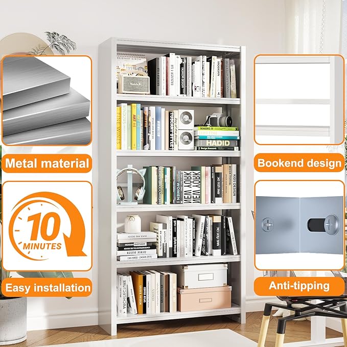 Metal Bookshelf, 5-Tier White Bookcase, 69.3" Tall Book Shelf, Modern Storage Display Shelves for Bedroom, Living Room, Office, School & Kitchen