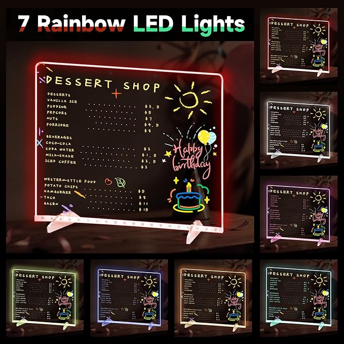 Acrylic Board with 7 LED Light,13.7"*10" LED Drawing Board with 7 Markers,Dynamic Light Led Note Board,Light up Acrylic Dry Erase Board Message Board,Drawing Board for Kids for Office, School, Home