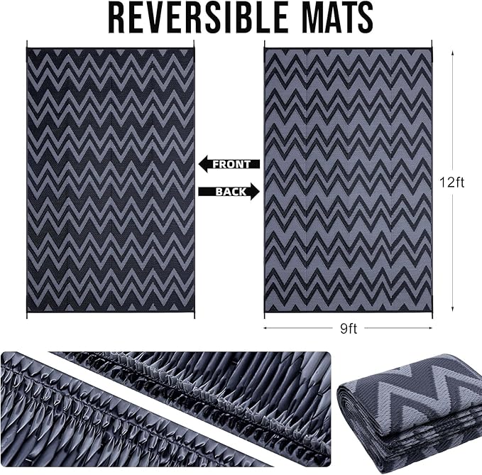 OLANLY Waterproof Outdoor Rug 9x12 ft Clearance, Reversible Outdoor Plastic Straw Rug, RV Mat, Indoor Outdoor Carpet for Patio, Camping, Balcony, Deck, Backyard, Black & Grey