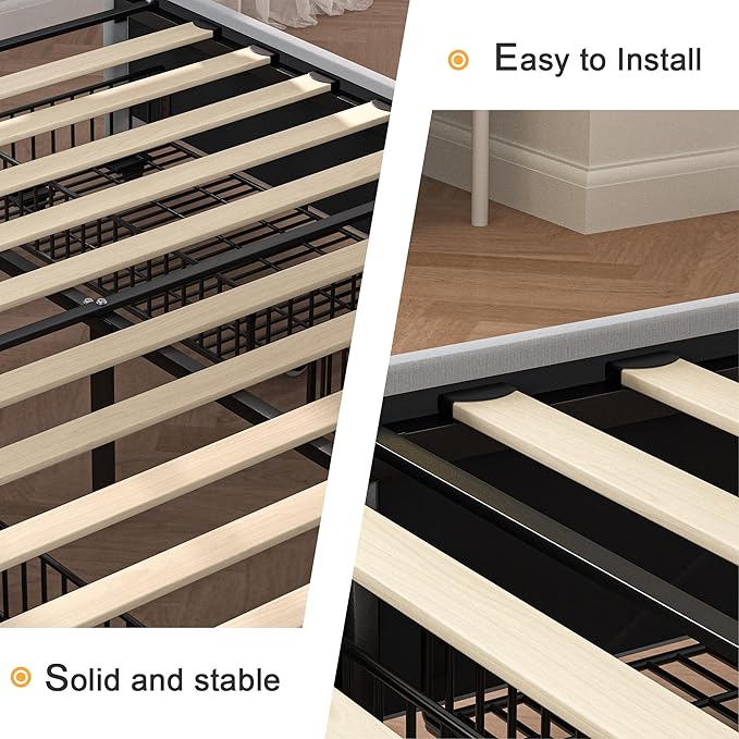 VECELO Queen Size Bed Frame with 4 Storage Drawers & Adjustable Headboard, Built-in Charging Station, Upholstered Bedframe with Wood Slats Support, Light Grey